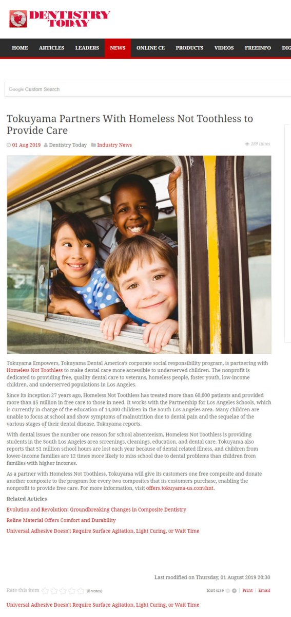 Check out <a href="/DentistryToday/">DentistryToday</a>'s write up on <a href="/HNTorg/">HomelessNotToothless</a> and <a href="/TokuyamaDental/">Tokuyama Dental America</a> and the amazing work they are doing to help children and the high number of missed school days. #dentalwork #dds #publicschool