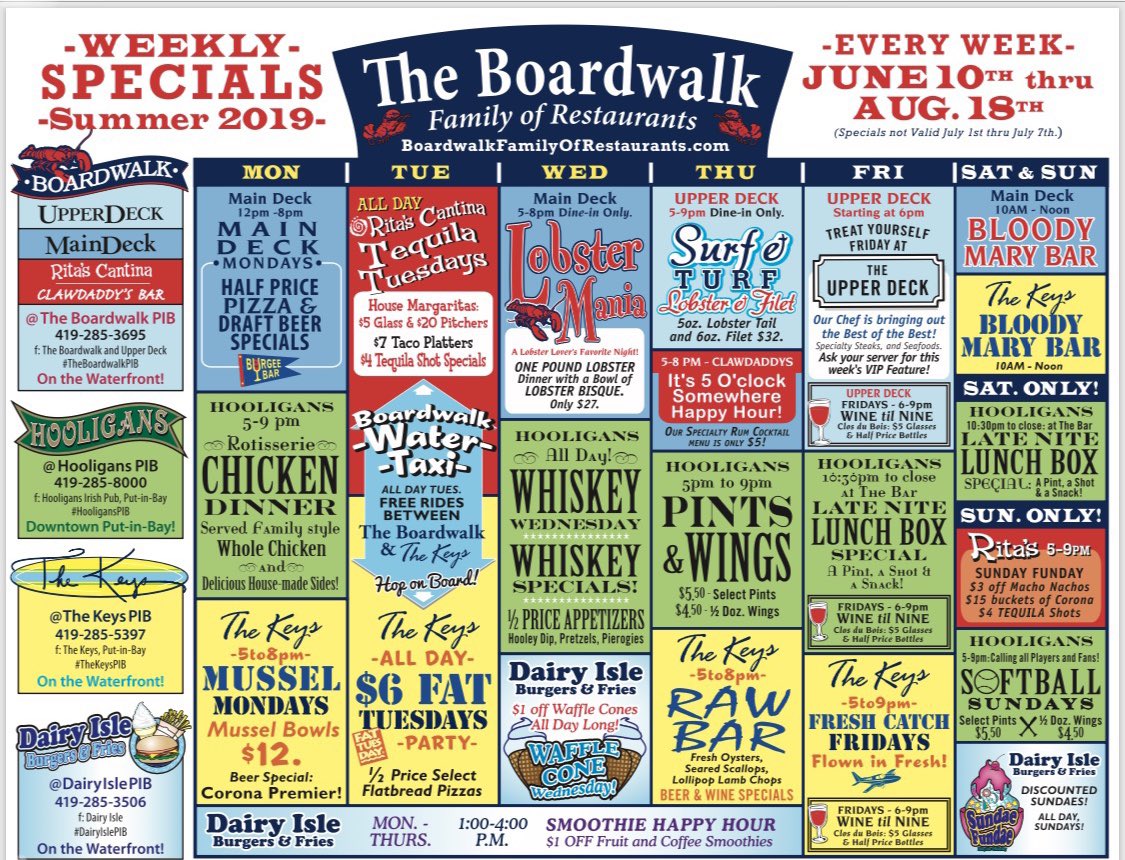 Boardwalkpib's tweet photo. Less than two weeks to go to take advantage of The Boardwalk Family of Restaurants  Weekly Specials! #pib #putinbay https://t.co/EN0qZuC2cq