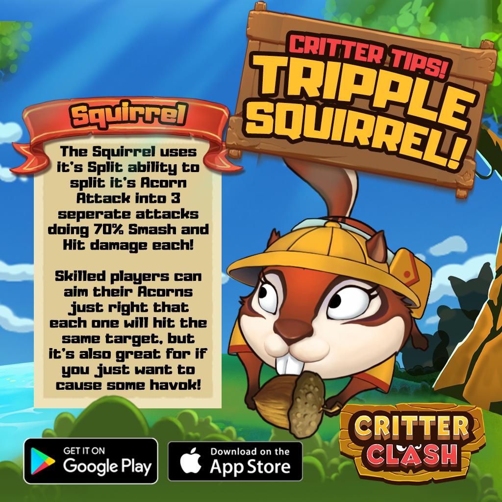 critterclash's tweet photo. Have the mastered the Squirrels Split ability? If you're skilled enough you can land all 3 shots on the top branch for a HUGE amount of smash damage! https://t.co/ChHkp6rRci