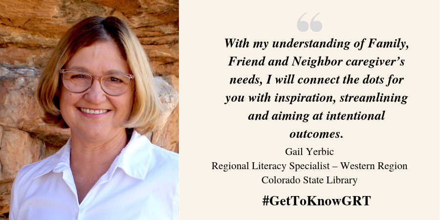 COStateLibrary's tweet photo. Libraries are perfectly situated to support those caring for kiddos as well as the children themselves. We are doing a great job, and I am here to help make this easier as we grow together.
#GetToKnowGRT Gail Yerbic, Regional Literacy Specialist https://t.co/97OTcJkSgB https://t.co/pycxa3vbjl