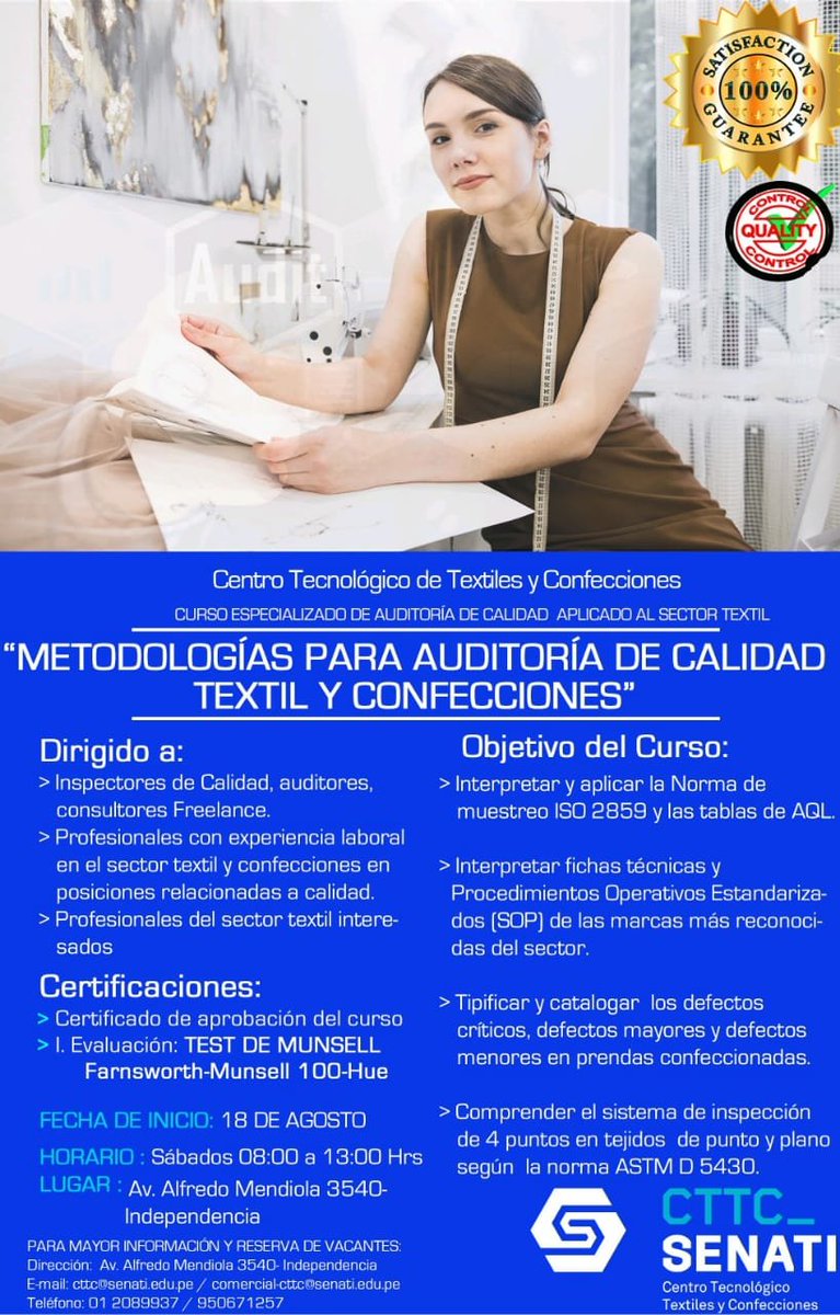 TextilCentro's tweet photo. CURSO ESPECIALIZADO EN #METODOLOGÍAS PARA #AUDITORÍA DE #CALIDAD #TEXTIL Y #CONFECCIONES
⌛️DURACIÓN: 40 Horas 
📅INICIO: 17/18 de Agosto 
⏰HORARIO: 08:00 a 13:00 Horas
📝LUGAR: SENATI-SEDE INDEPENDENCIA
REGISTRO: 
https://t.co/Gw4FpDqcZb https://t.co/QxGG8NNruW