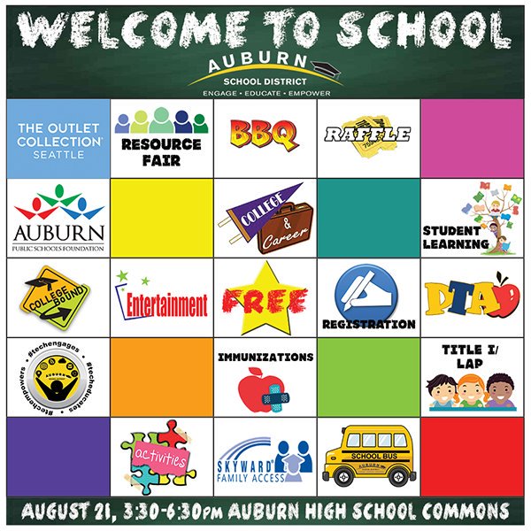 Mark your calendar! The ASD Welcome to School event is 3:30-6:30 p.m., August 21 at Auburn High School! This FREE event is open to all ASD families! BBQ, resources, bouncy house, and much, much more! Transportation will be provided from all ASD middle schools. More info soon!