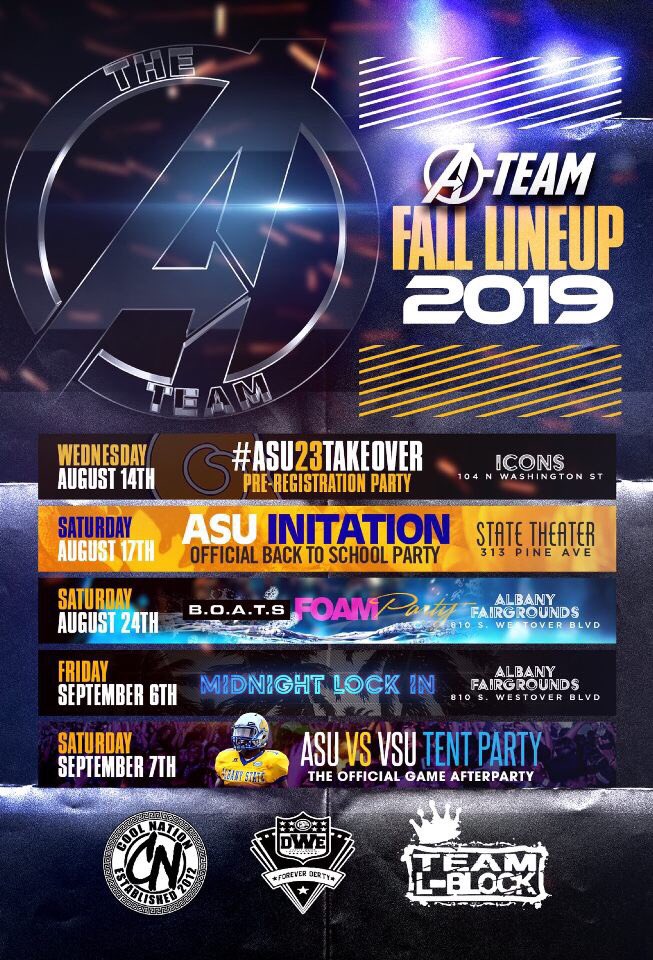 prinxesskayway's tweet image. 🚨The A-Team List Presents 🚨
Aug14th - #ASU23TAKEOVER 🔥@ Icons
Aug17th - #ASUINITATION 🥴🥃 @ State
Aug24th - #BOATSFoamParty🔫 @ Fairgrounds
Sept6th - #MidnightLOCKIN 🤪 @ Fairgrounds 
Sept7th - #LEGENDARYTENTPARTY🎪 @ TBA

#ASUTwitter @CNSummer  #Coolnation @IamDJTrayD
