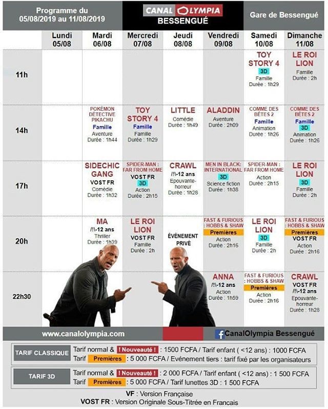 DlaYdeOut's tweet photo. 🎬 Ciné 🚩 Programme Ciné
📅 05.08.2019 au 11.08.2019
💰 5000 Xaf, 1500 Xaf, 1000 Xaf
👉 Canal Olympia - Bessengue
#DlaOut #Douala #Out237 https://t.co/1Zssnz2Qh2 https://t.co/fTRVLVFHWI