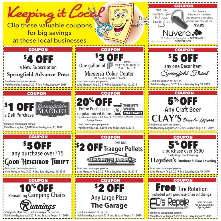 Save by shopping local!  Coupons available in this week's Springfield Shopper and Advance Press!