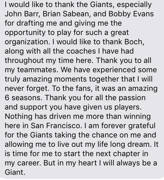 extrabaggs's tweet photo. I reached out to Joe Panik for a statement. Here's what he wanted to express. A classy person, and a privilege to know. https://t.co/JnkwJfiwM9