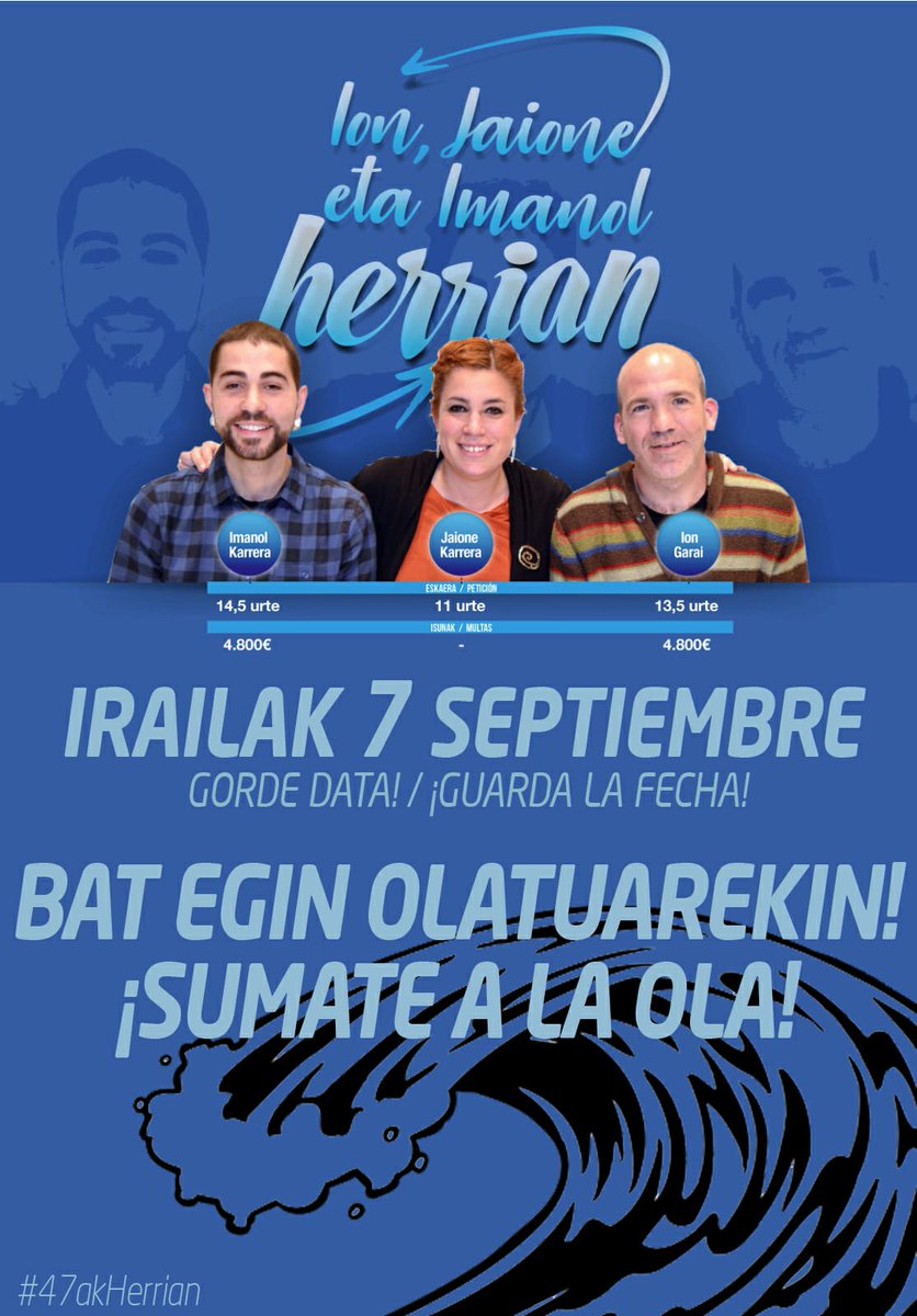 🔊 Irailaren 16an gure herriko bizilagunak Jaione, Jon eta Imanol, beste 44 herritarrekin batera, Auzitegi Nazionalean epaituko dituzte. 

🔝Artzai, Txote, Roxika eta Jonen epaiketen aurrean elkartasun ekimen jendetsuak antolatu genituen

🌊 Irailaren 7an elkartasun olatua