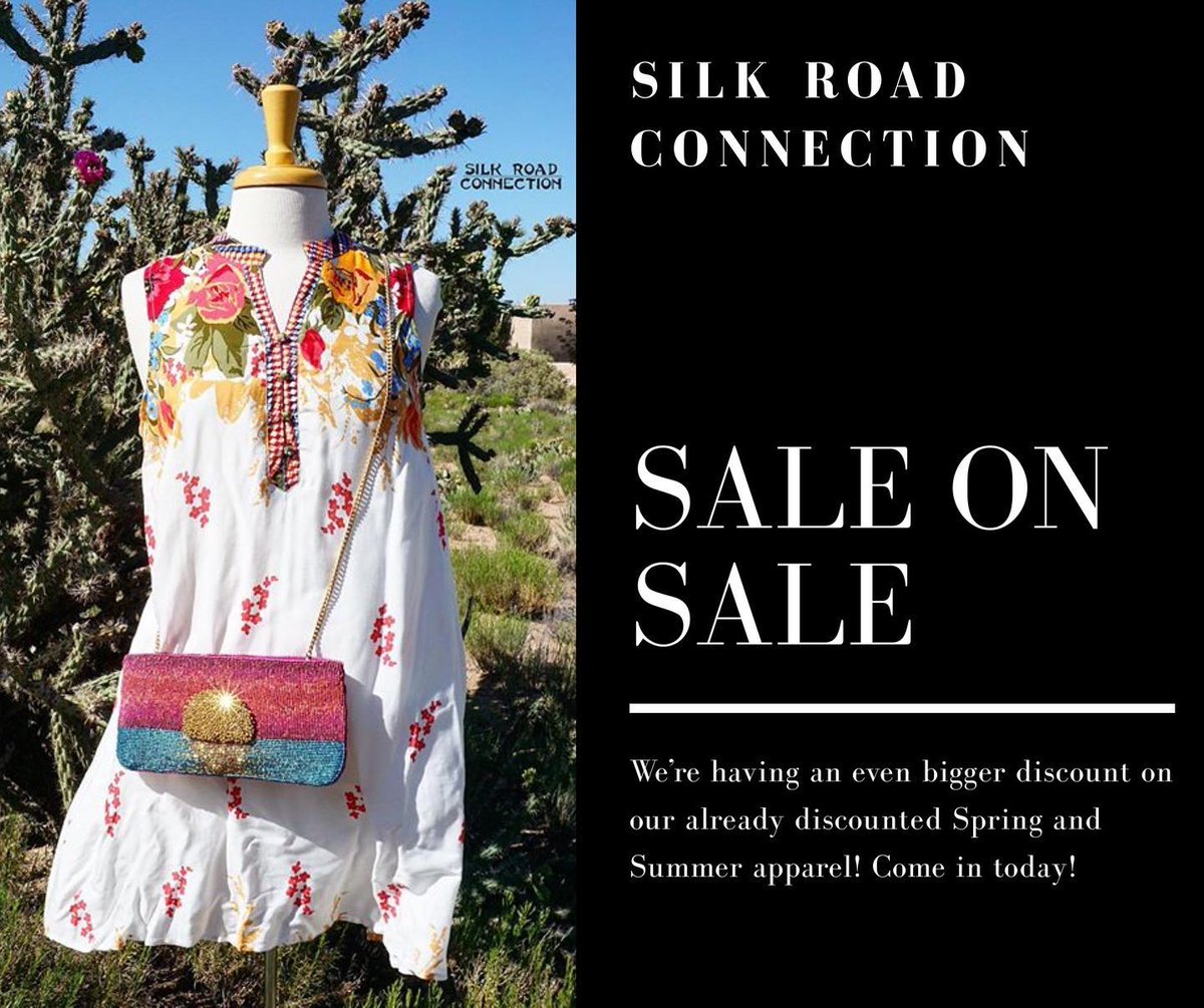 promenadeabq's tweet photo. Silk Road Connection is having a summer blowout sale! When you buy any of the sale items, they’ll take an additional 15% off! But hurry, this sale won’t last long! Open today from 11-6 #silkroadconnection #sale @silkroadabq https://t.co/hgtR9tEThF