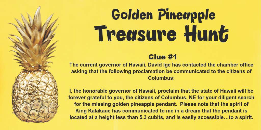 colnechamber's tweet photo. GOLDEN PINEAPPLE TREASURE HUNT! ๐
The Annual Columbus Days Hunt begins today!
You can ONLY find the details and the clues on the Columbus Days pages on Facebook or Twitter. So follow Columbus Days and get searching! ๐
#AlohaColumbusDays #SomethingGoodColumbus https://t.co/IU9xLDSf7D