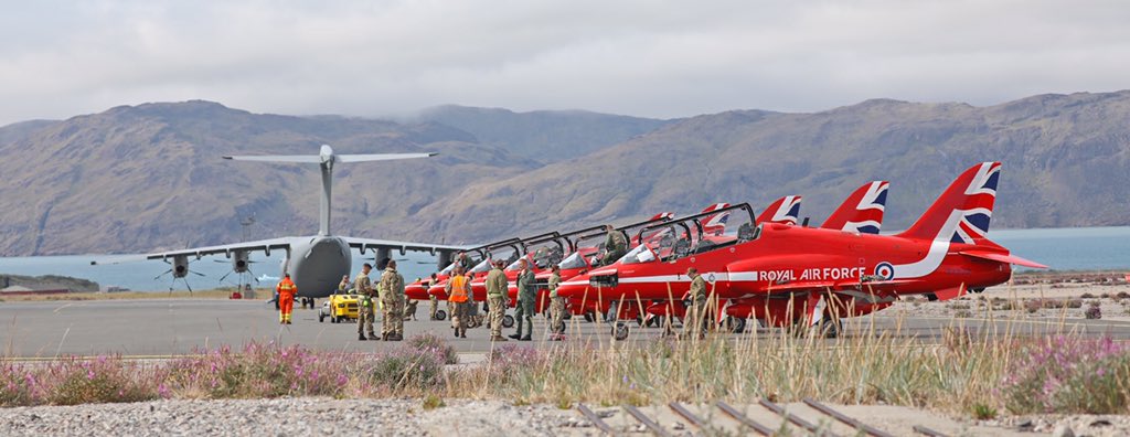 Day two of #RedArrowsTour involved transiting the jets from #Iceland, to #Greenland and on to Goose Bay. This was the view at #Narsarsuaq, Greenland earlier today, with the #RAF Atlas A400M in background. Picture by Cpl Adam Fletcher.