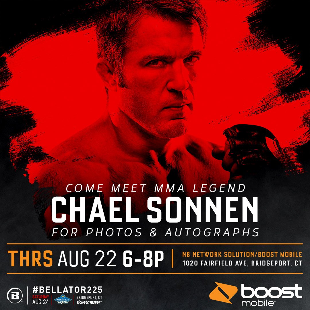 The Official #Bellator225 <a href="/ChaelSonnen/">Chael Sonnen</a> meet &amp; greet goes down on Thursday, August 22nd from 6-8pm.

Brought to you by <a href="/BoostMobile/">Boost Mobile</a>, this is one photo op that you don't want to pass up!