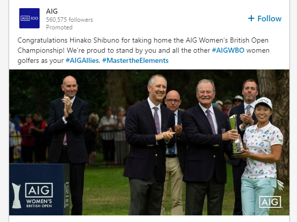 @AIGinsurance great job on this advertisement guys; putting the winner and subject of the event way off to the extreme side of the image, behind an AIG watermark. Terrible framing, and then you have the gall to make some corporate bullshit up about being #AIGAllies. #AIGWBO