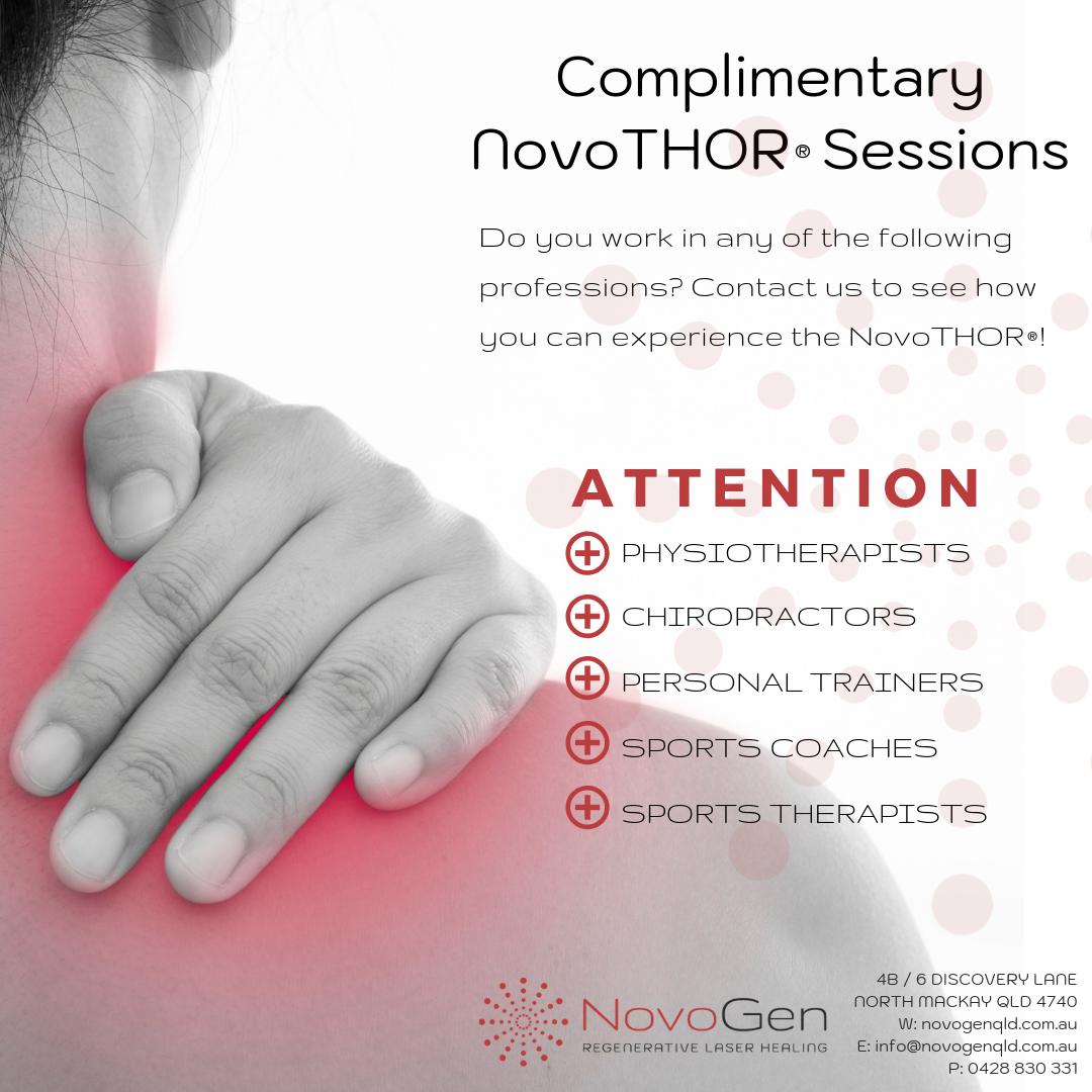 If you are a #Physiotherapist, #Chiropractor, #PersonalTrainer, #SportsCoach or #SportsTherapist, you're invited to enjoy TWO COMPLIMENTARY #NovoTHOR® sessions at #NovoGen in #Mackay! Experience whole-body #lighttherapy for yourself! Contact 0428 830 331 for your promo code.