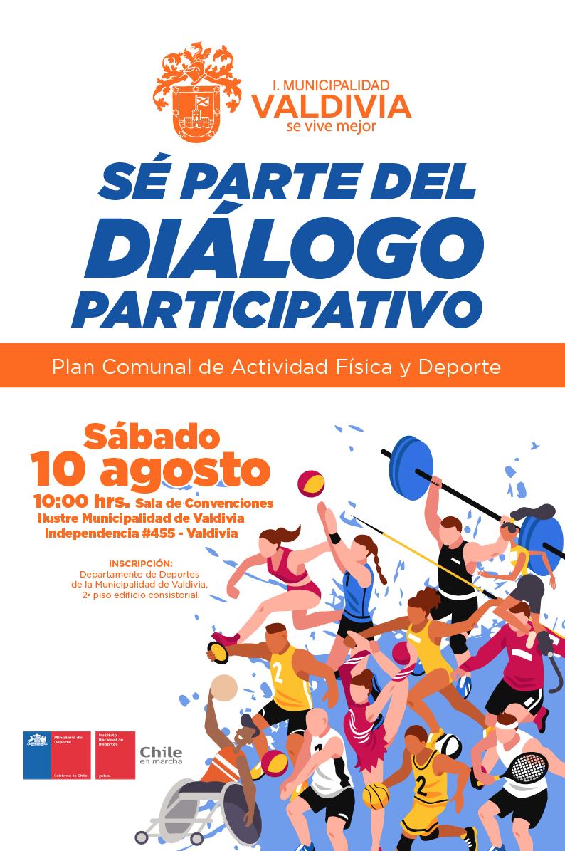 munivaldivia's tweet photo. Únete al diálogo y sé parte del Plan Comunal de Actividad Física y Deporte. 
Este sábado 10 de agosto nos reuniremos en la Sala de Convenciones ubicada en el 3er piso de nuestro municipio a las 10 de la mañana. 
¡Te esperamos! https://t.co/9tWJe0ikYw