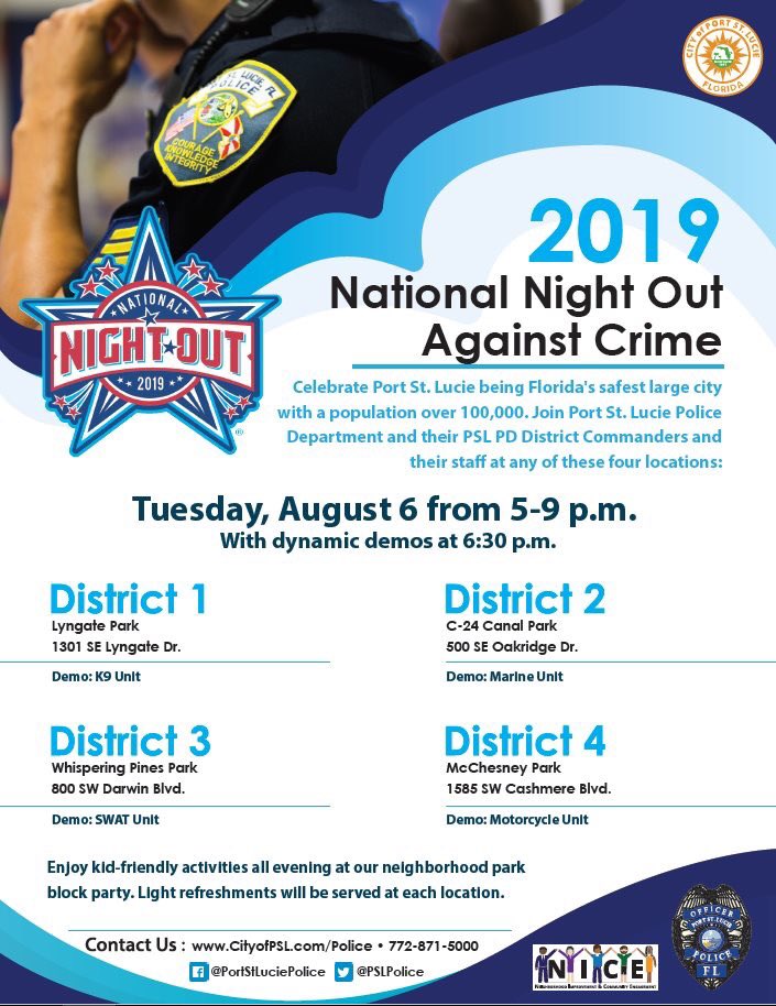 PSLPolice's tweet photo. Just arriving at Canal Park. join @PSLPolice &amp; NICE tonight from 5-9m for #nationalnightoutagainstcrime. Food,fun,demonstrations,at 4 @CityPortStLucie parks. Help celebrate our safest city in Florida over 100k again in 2018! Lyngate, C24 Canal, Whispering Pines &amp; McChesney Parks. https://t.co/e7KnNpaQEj