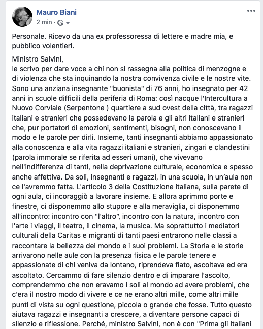maurobiani's tweet photo. Personale. Ricevo da ex professoressa di lettere e madre mia, e pubblico volentieri.
Ministro Salvini,
le scrivo per dare voce a chi non si rassegna alla politica di menzogne e di violenza che sta inquinando la (...) https://t.co/82L9Wpjb9n