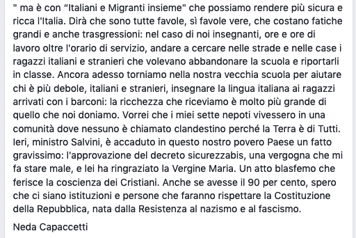 Personale. Ricevo da ex professoressa di lettere e madre mia, e pubblico volentieri.
Ministro Salvini,
le scrivo per dare voce a chi non si rassegna alla politica di menzogne e di violenza che sta inquinando la (...)