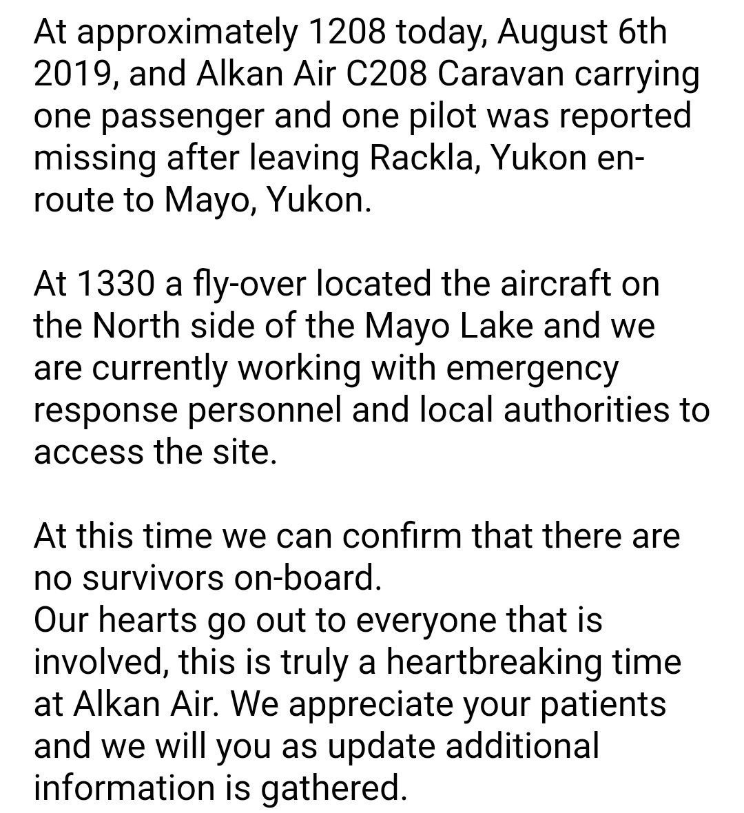 Breaking: Alkan Air based in #Whitehorse confims 2 people dead after plane enroute to Mayo crashes. #Yukon