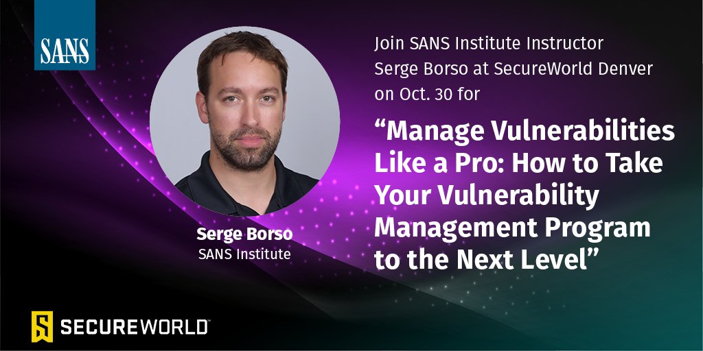 SANSInstitute's tweet photo. Join @SANSInstitute Instructor @SergeBorso speaking @SecureWorld Denver on Oct. 30.
Serge teaches #SEC542 - Web Application Pen. Testing Training and #DEV522 - Defending Web Apps. Security Essentials.
Learn more: https://t.co/qWnvtDxvPa #SWDEN19 https://t.co/7iH9EUDtqd