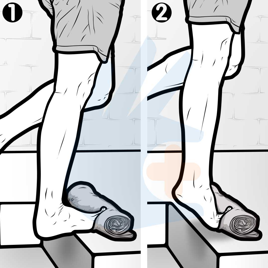 TheRehabLab's tweet image. SINGLE-LEG #PLANTARFASCIA #STRENGTHENING: OVER STEP: Stand on the edge of a step with toes extended over a towel roll (1). Slowly rise as high as you can (over 3 seconds) ensuring your toes are fully extended (2). Hold for 2 seconds then lower (for 3secs) over the step &amp;amp; repeat.