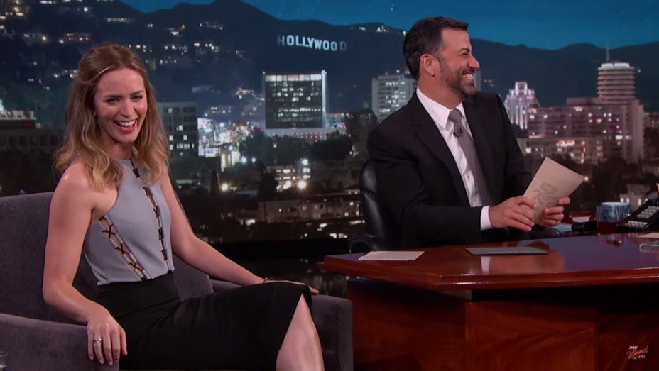 emily blunt & jimmy kimmel:“she takes a fork full of pasta, and i notice that there’s a hair- one of your hairs probably”“NO! that’s disgusting!”“well... it was your hair. it was a little hairy poppins”
