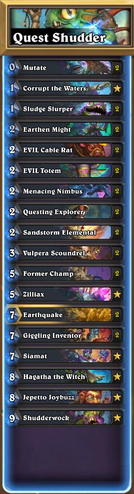 s8ris's tweet photo. Built some bad decks on the first day of the expansion. These two have potential.
Yogg Freeze feels smooth. Liked the cycle version more than defensive or greedy lists. Freeze and chip or alex > finish with 20.
Shudder Quest shaman is like a "gooder" good shaman. https://t.co/kbwnU5U5HY