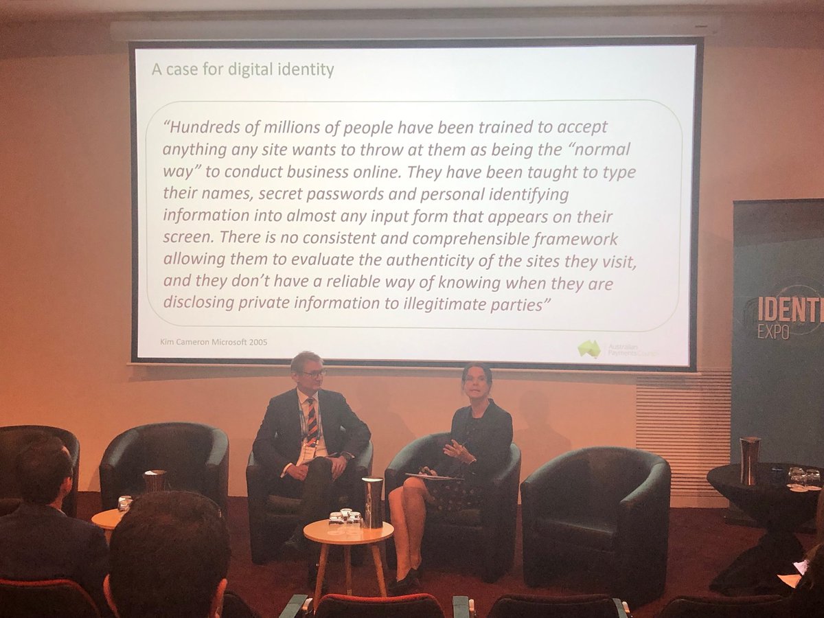 dgwbirch's tweet photo. Excellent start to the day at #TechinGovAU with ⁦@victoriajane⁩ from the Australian Payment Network, Lindsay Boulton from the Reserve Bank of Australia and a quote from the “identity godfather” ⁦@Kim_Cameron⁩ https://t.co/s7eoKNOYRf