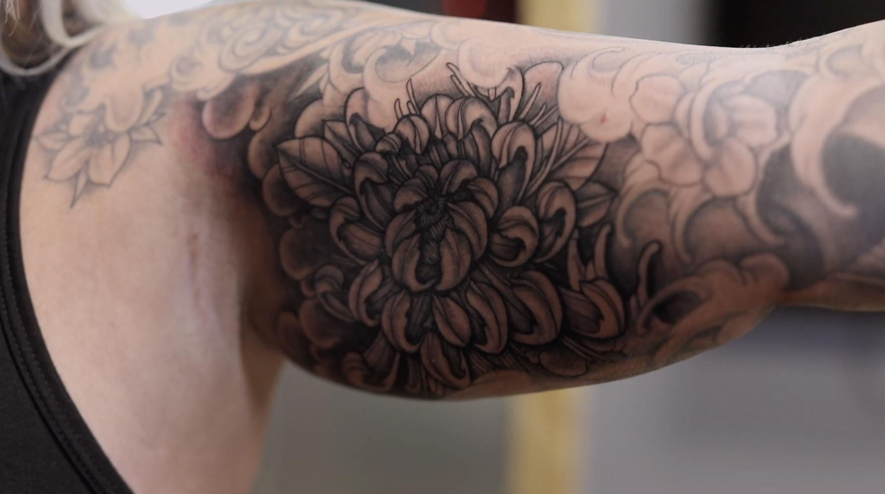 white Chrysanthemum tattoo style floral illustration