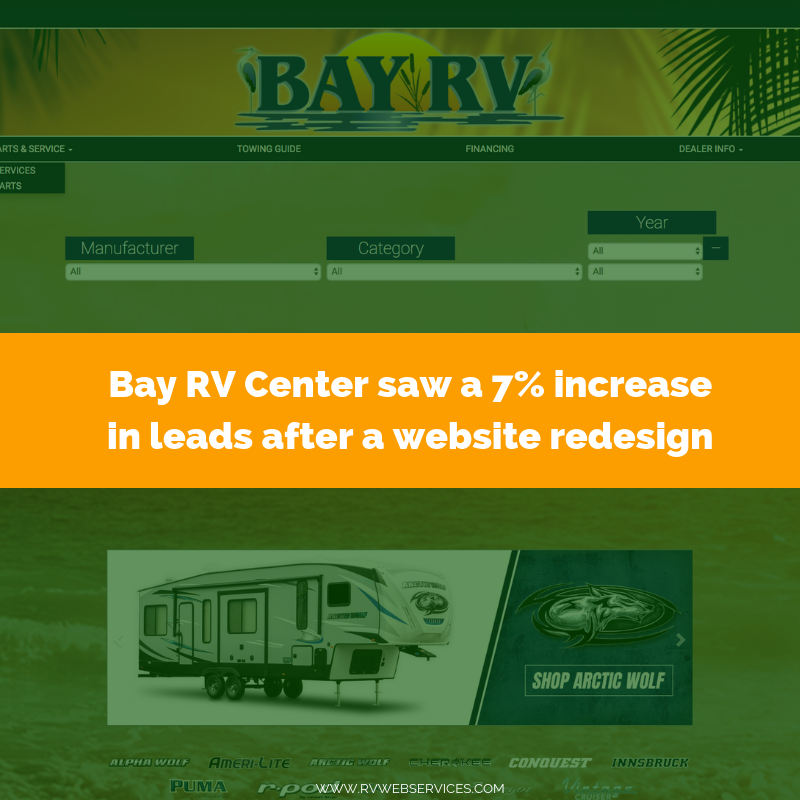 RVWebServices's tweet image. We love helping dealers build their online presence and Bay RV Center is one of those! Year over year, Bay RV Center saw a 7% increase in leads after redesigning their website with us. Find the same great results with a redesign! bit.ly/2JhUINc
