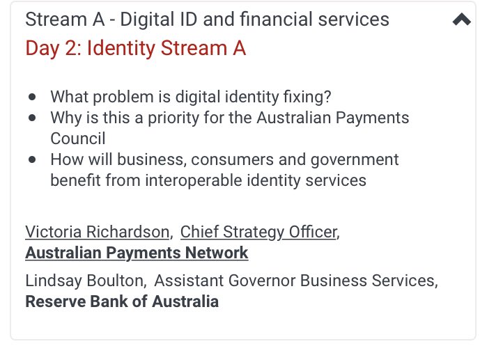 Steve_Lockstep's tweet photo. Lindsay Boulton @RBAInfo and @victoriajane @AusPayNet discussing the financial services sector leadership in crafting a “digital identity framework”. #TechinGovAU https://t.co/poCRAimtyC