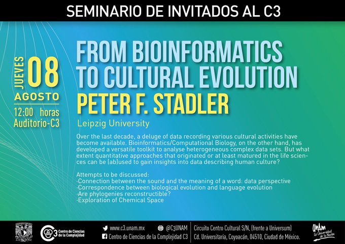 C3UNAM's tweet photo. #C3Academia #C3Invitados ESTE JUEVES EN EL @C3UNAM: "From Bioinformatics to Cultural Evolution", Peter F. Stadler, @UniLeipzig
 
8 agosto, 12:00hrs
Auditorio-C3
Entrada libre. Habrá streaming. https://t.co/a2Xffjzb91