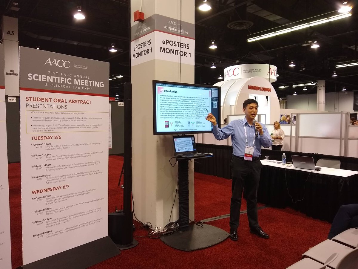 myADLM's tweet photo. ePosters, a new feature of #2019AACC, enable presenters to enlarge sections of their posters as they're discussing those sections. Here, the TDM/Tox Division, the first of 4 posters. More divisions will present tomorrow! https://t.co/sAXF42p3i7