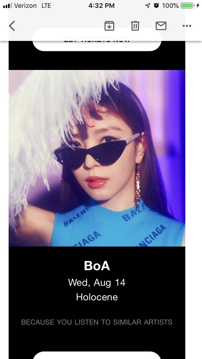 IsabelHerdz's tweet photo. @SpotifyCares . I just bought tickets to see BoA on August 14 per your spotify ads.  I took a closer look at the ticket I just bought and now I’m not sure if the real Boa is going to be there. Too good to be true. Can you validate? If not is there possibility for a refund? https://t.co/fyIjjJX8jy