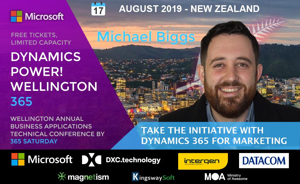 If you want to learn about Dynamics 365 and Marketing, come along to Michael Biggs' session.

Register today limited spaces
Wellington 17 Aug bit.ly/365wlg19
Auckland 24 Aug bit.ly/365akl19
Christchurch 31 Aug bit.ly/365chc19 

#365NZ #NZ #365Saturday
