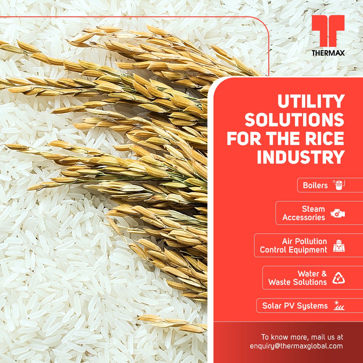 #Thermax suite of energy-efficient #utilitysolutions for rice millers helps you attain the desired quality of rice grains while making your processes #sustainable. To know more about our products, mail us at enquiry@thermaxglobal.com or visit thermaxglobal.com
#RiceIndustry