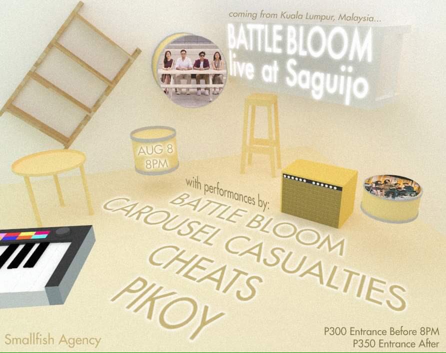 Battle Bloom <a href="/BloomBattle/">Battle Bloom</a> from Malaysia will be "Waiting" for you at Saguijo to play a long set TOMORROW, Aug8(Thurs)! <a href="/carouselcslts/">Carousel Casualties</a> <a href="/cheatsmusic/">Cheats</a> and <a href="/popstarpikoy/">PIKOY</a> Pikoy will also be there. P300 Entrance before 930PM, P350 Entrance after. :))))