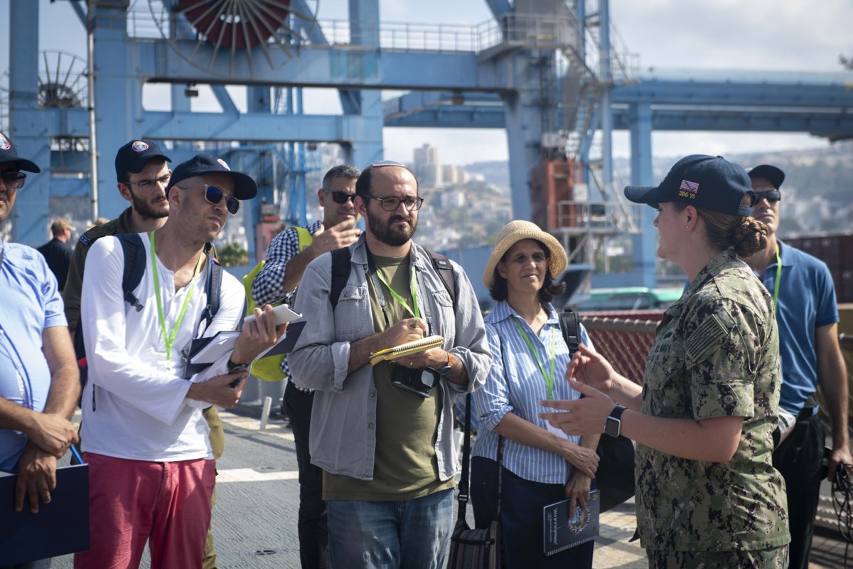 USNavyEurope's tweet photo. HM3 Jessica Ferguson answers questions about the medical team aboard #USSDonaldCook for #ExerciseMightyWaves2019. #MightyWaves, an annual disaster response exercise lead by #Israel designed to enhance interoperability & promote cooperation among #EasternMediterranean naval forces https://t.co/aUUboEveWJ
