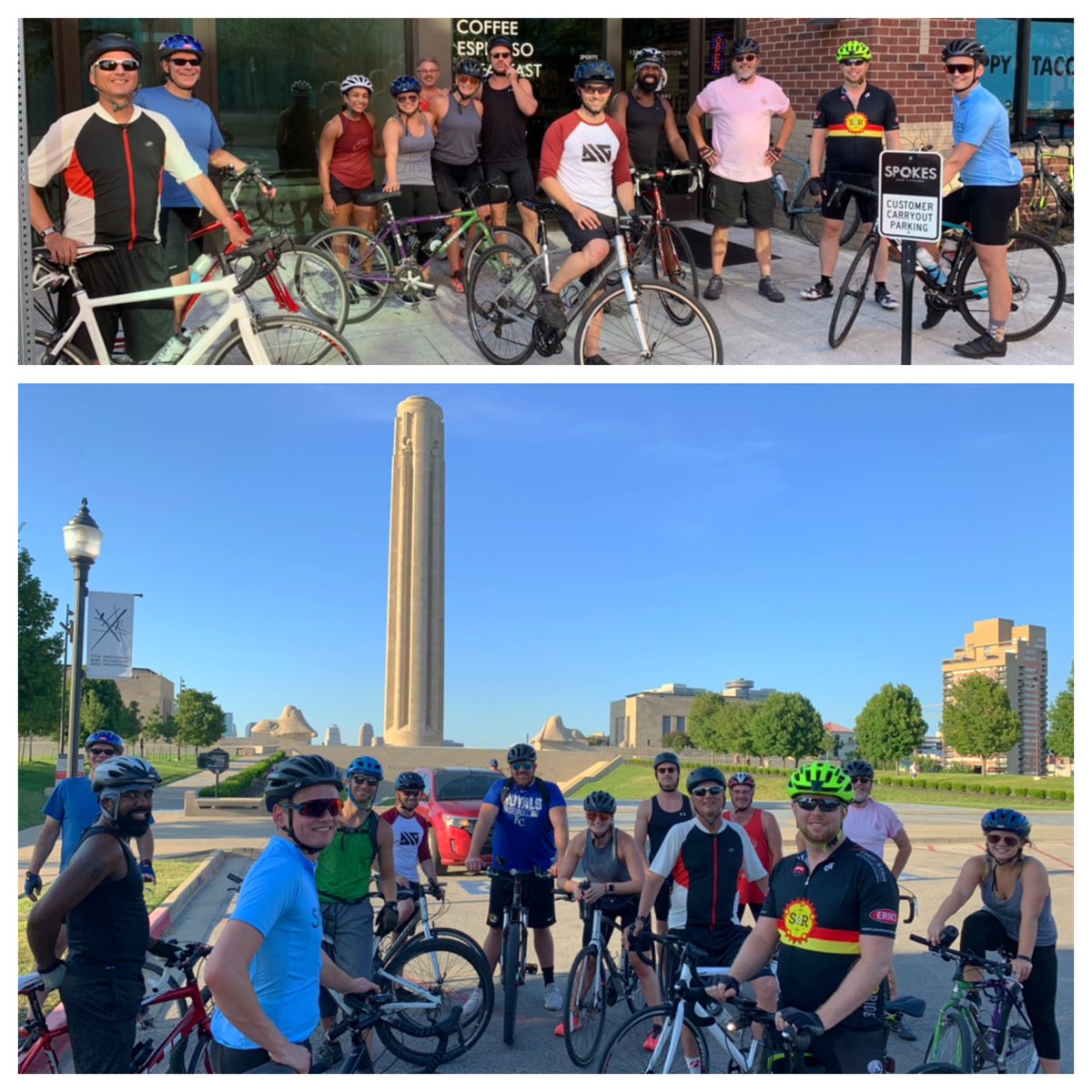 spokeskc's tweet photo. Big thanks to everyone who came out for tonight’s #KCSocialRide, explored the City Market, West Bottoms, @TheWWImuseum & @CrownCenter and enjoyed $2 tacos and beers afterward! See you all next Tuesday at 6:15. #SpokesKC https://t.co/x811Kdcdyk