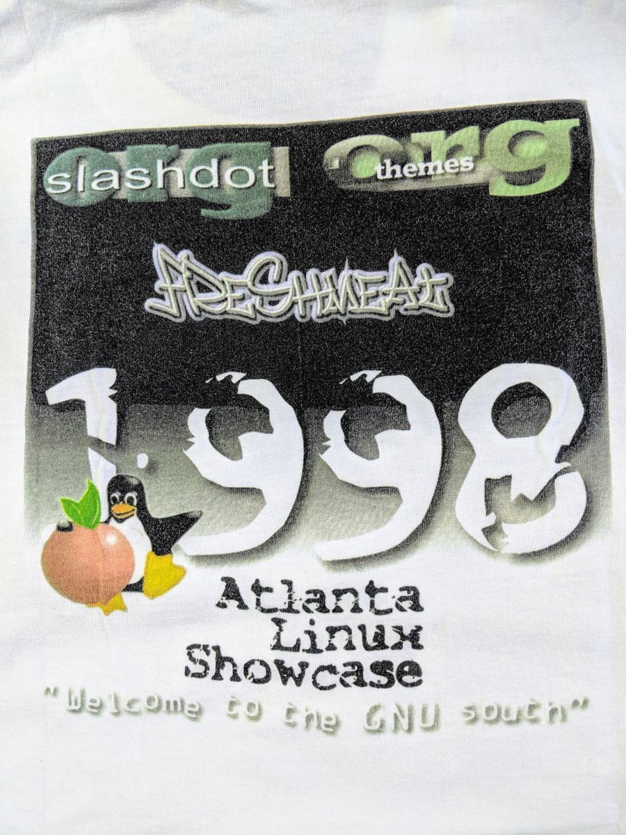 robbiehonerkamp's tweet photo. This is from the 2nd annual Atlanta Linux Showcase, a grassroots technical show that ran from 1997-2001. Also, RIP VA Linux, I worked on some interesting projects with them!
#geektees https://t.co/GXVDyiLKM8
