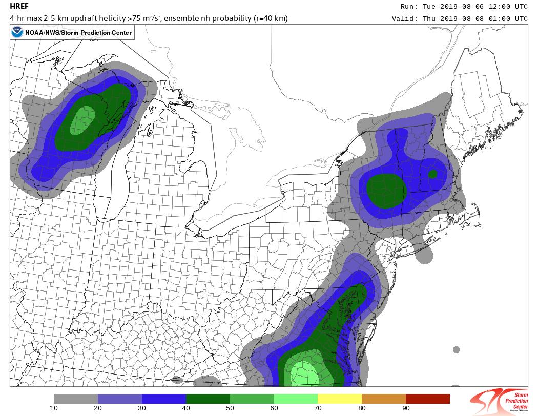 NWSBoston's tweet photo. [Severe Weather Update] Potential for strong #thunderstorms Wed afternoon &amp; evening. Here is a model projection of updraft helocity, a good proxy for #severeweather. Not expected to be exact but an increase risk for strong storms from eastern NY, northwest #MA into VT &amp; NH https://t.co/PSPKy8pPuc