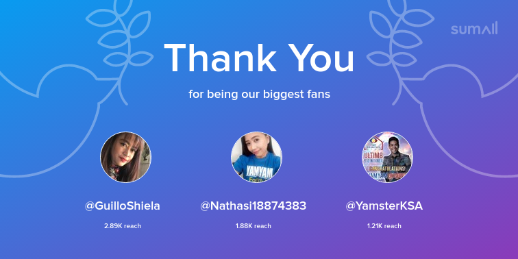 Margie19872's tweet photo. Our biggest fans this week: GuilloShiela, Nathasi18874383, YamsterKSA. Thank you! via https://t.co/Fi2QhzU46M https://t.co/nWNMC5LjMX