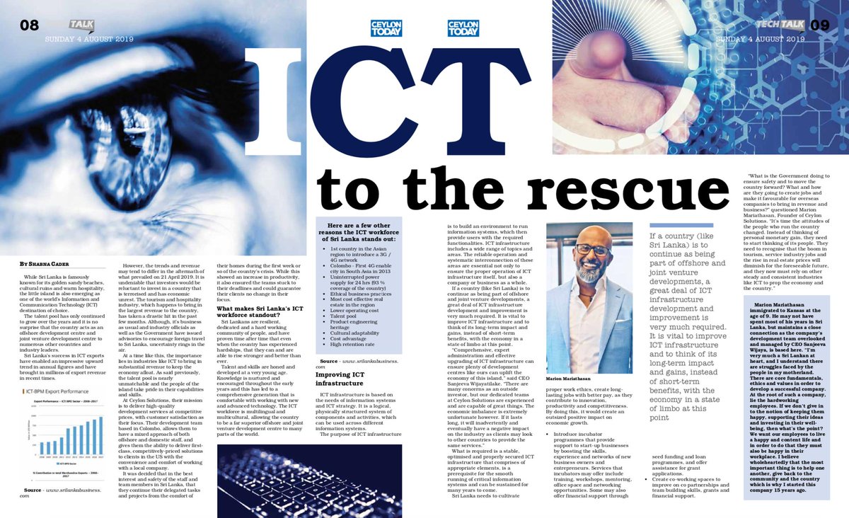 ceylonsolutions's tweet photo. Founder of Ceylon Solutions, Marion Mariathasan discusses the importance of uplifting the ICT workforce in Sri Lanka - Tech Talk, Ceylon Today newspapers. 
https://t.co/4yu5gEvx7I
#software #softwaredevelopment #ceylonsolutions  #ICT #softwaredevelopmentcompany #technologystartup https://t.co/hpJaYJmJSh