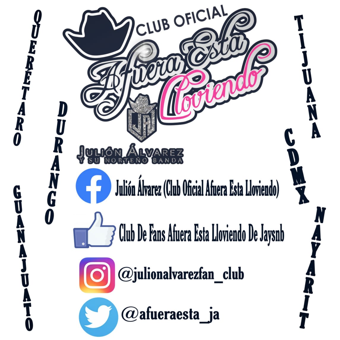 cecyglez1's tweet photo. El Club #AfueraEstaLloviendo forma parte de los #ClubsOficiales de #JuliónÁlvarezYSNB y estas son sus sedes.
Síguelos en sus redes sociales
@julionalvarezfan_club 
#ClubsUnidos https://t.co/IsCfFMGoHE