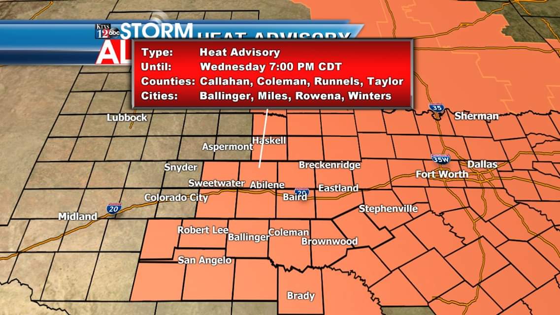 AustinBurkeswx's tweet photo. Heat Advisories for most of our counties that will go in effect at noon on Wednesday. Heat index values will be around 105 or higher during the afternoon/evening hours. Make sure you stay cool and well hydrated if outside for long periods of time! #txwx #ktxs https://t.co/NX3NEwTwJy