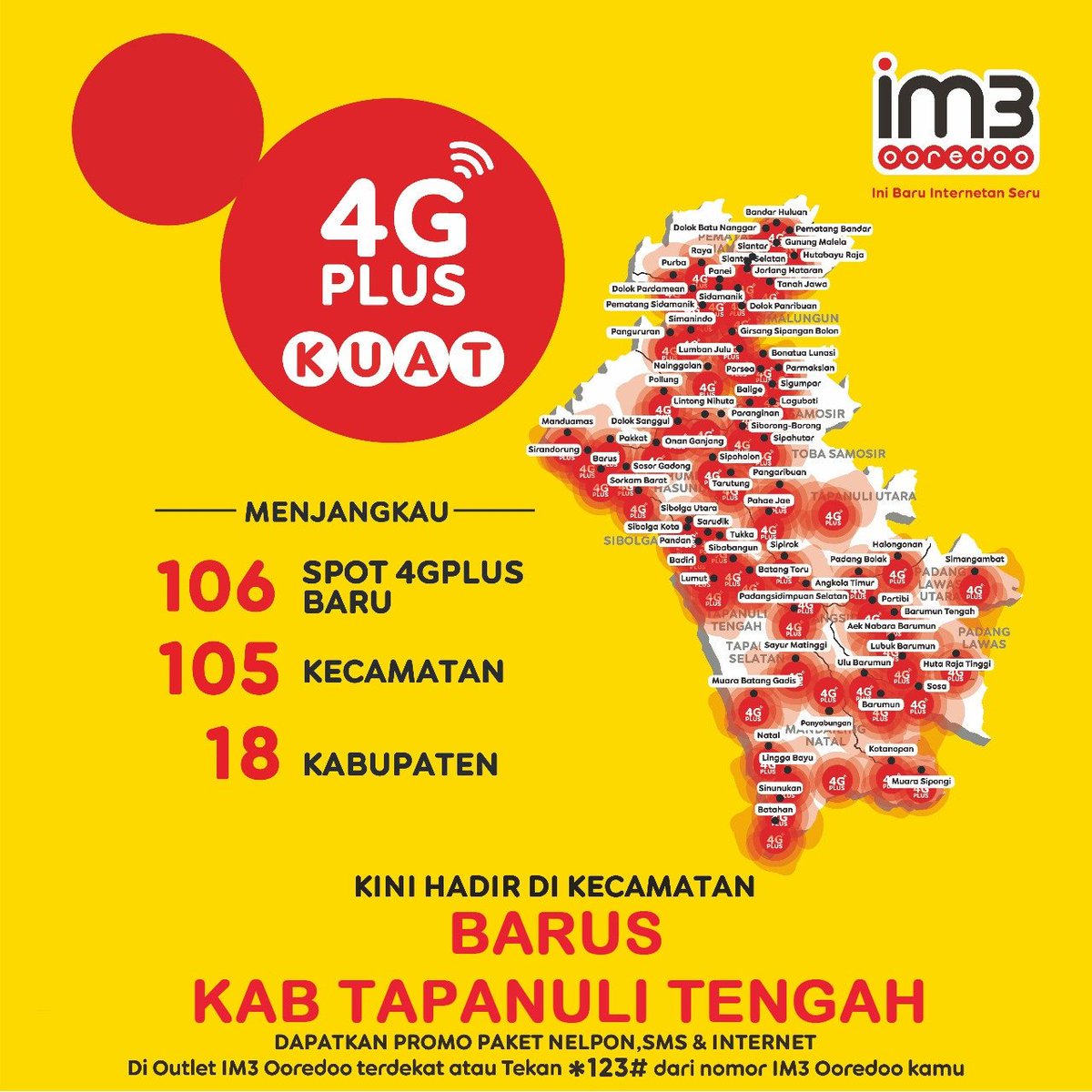DonganIm3's tweet image. Hai Warga Kec. Barus Kab. Tapanuli Tengah. kini kamu bisa nikmatin jaringan #4GPlus IM3 Ooredoo di kota mu. Aktifkan paket Unlimited atau Freedom di *123# atau app myIM3. 
Internet hemat di jaringan #4GPlusBarusKabTapanuliTengah