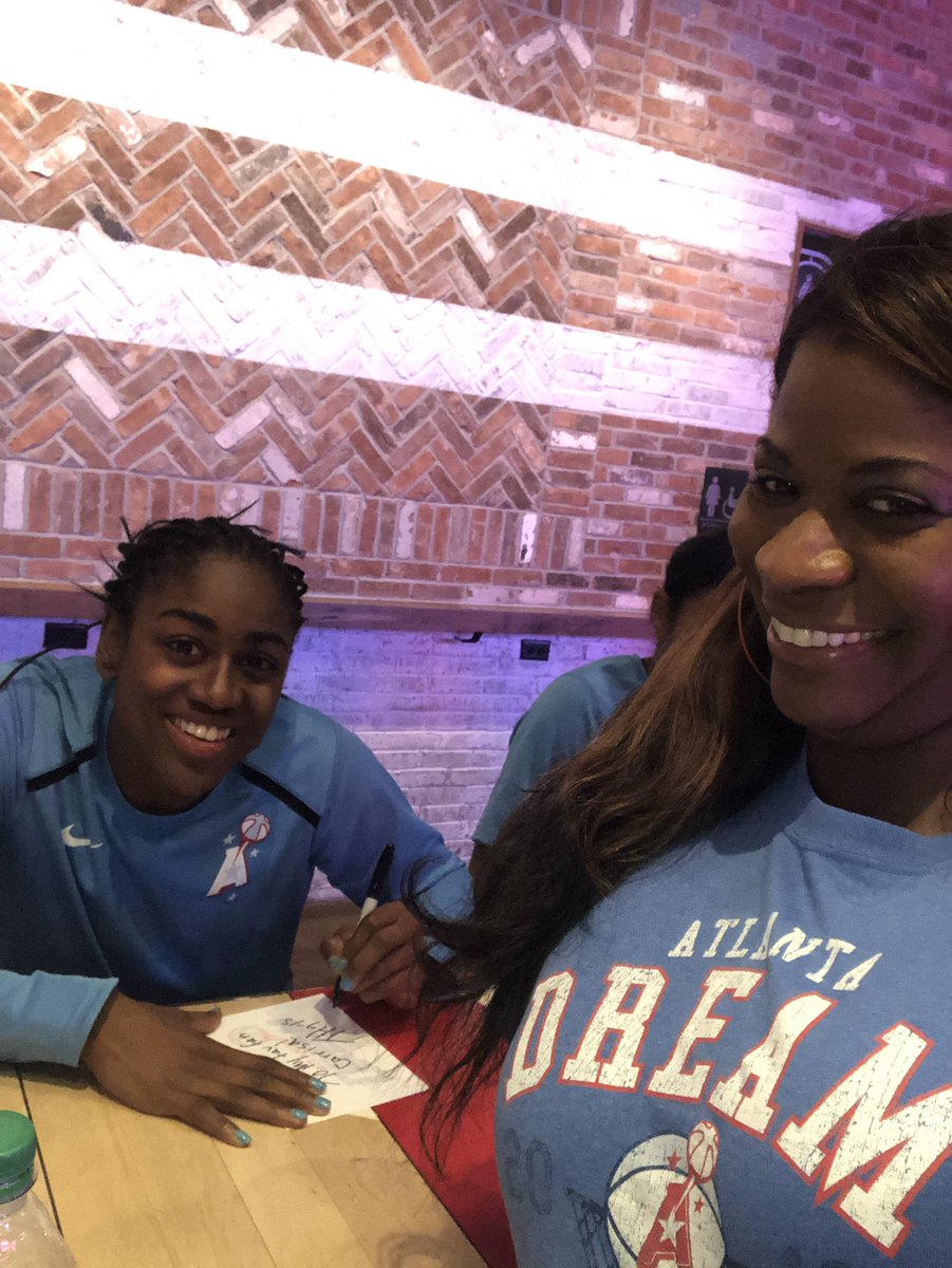 RisaShine19's tweet photo. @AtlantaDream Autograph Night for Elite Members. All smiles with my two faves @tiphayes3 @E_Williams_1 #defendtheatl #1Fan 🏀 https://t.co/XFuz1ljNo5