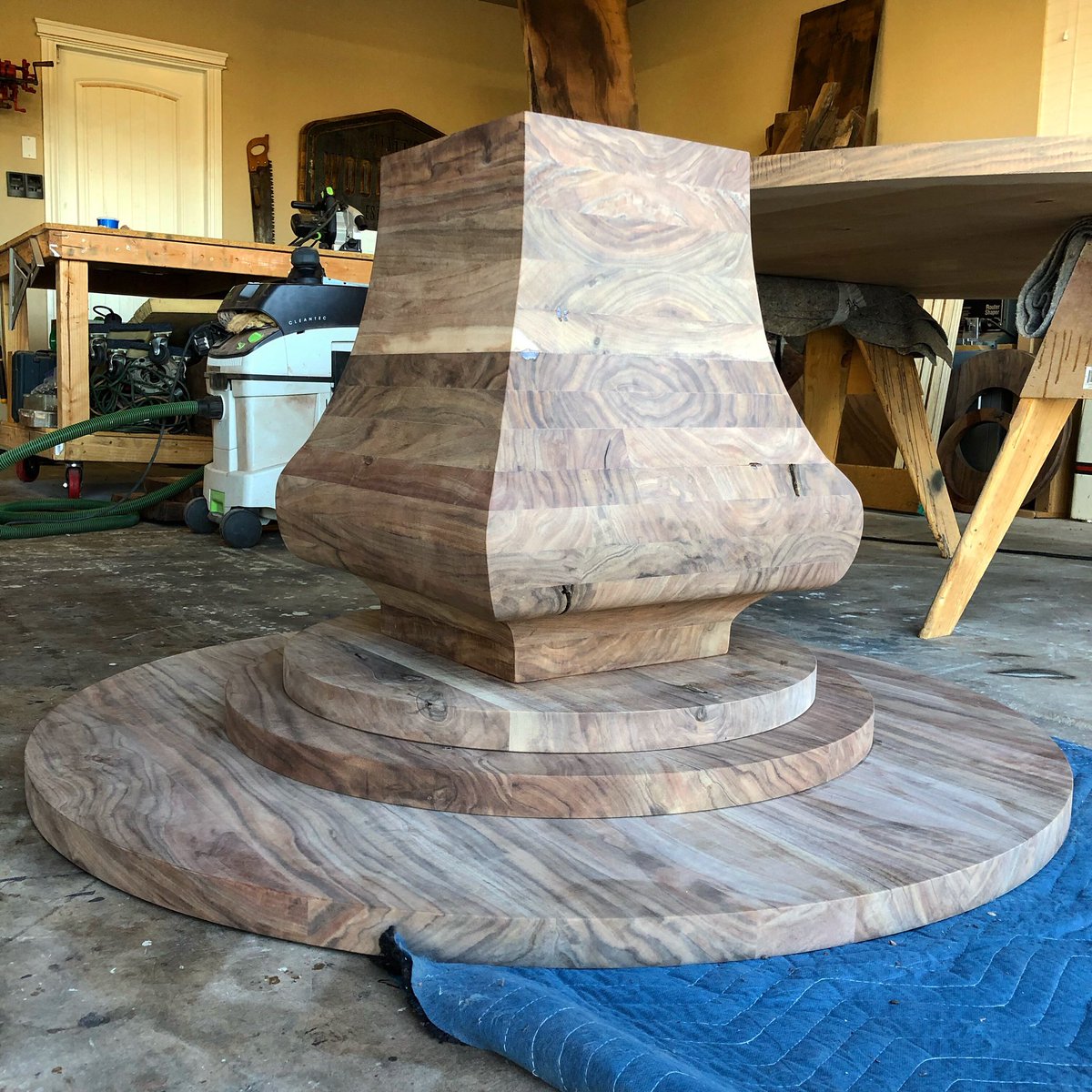 MattWoodworks's tweet photo. The claro base is almost complete! One more 36” circle for the top side and then it’s finish time.  How much do you think this base weighs?  Bottom circle is 46” OD for reference. 🤙🏻
•
•
•
#thisisredding #thisisshastalake #mattswoodworks https://t.co/LkgDF3y6HW