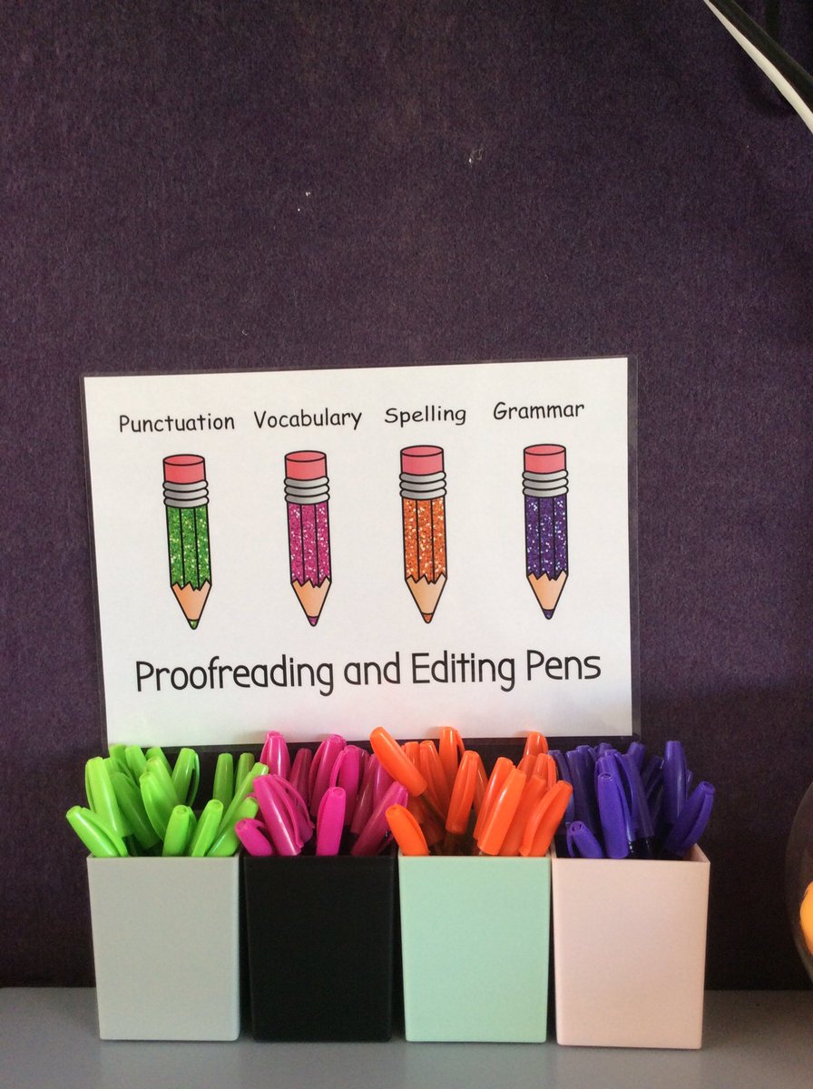 miss_jhielman's tweet photo. Observation day 2📚
Subject: English✏️
Students: “Miss I’m finished!
Me: “Have you proofread &amp; edited your work?” 
Most common answer: “No”
These different coloured pens are a great idea to help students work on their Punctuation, Vocabulary, Spelling &amp; Grammar! #ACUedu_p https://t.co/m70LYsGOlp