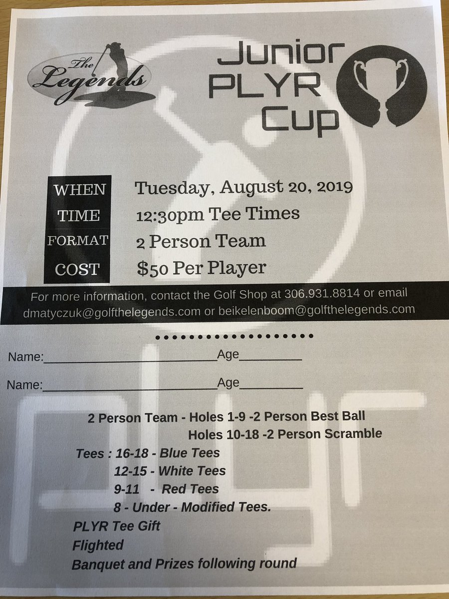 GolfTheLegends's tweet photo. We have gotten a great response to the Inaugural JR PLYR CUP. already have 18 teams signed up. It’s sure to be a fun event for the kids. It’s also on the Sask Jr Order of Merit. Call the golf shop and sign up today. #plyrgolf #growthegame @PLYRGolf https://t.co/nwW7Nu1k2h