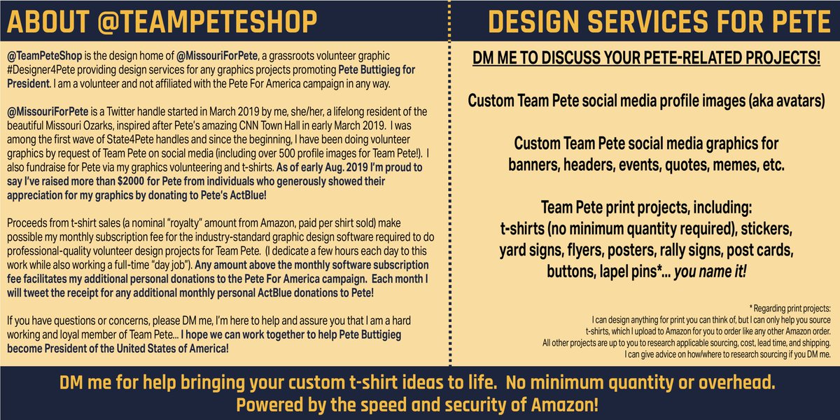 TeamPeteShop's tweet photo. I'm so happy to report I was able to donate $110 today to #PeteForAmerica for my first month's (June) shirt sales! And, in early Sept., when I get July's shirt royalties, it will be a donation more than double that size to #Pete2020! Thank you #TeamPete!

https://t.co/QuPqRyW8rq https://t.co/76T1TcwMj9